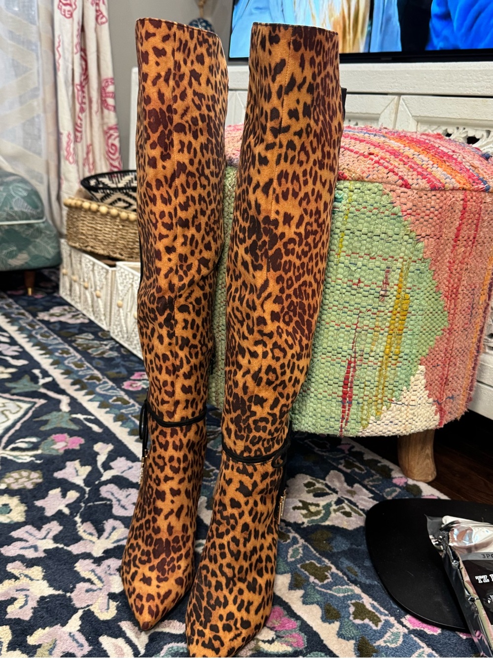 🐆▪️Black + Leopard Over-the-Knee Stiletto Boots with Rhinestone Tassel Ties▪️🐆 - Picture 6 of 8